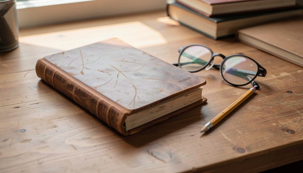 A worn leather-bound appointment diary lying open on a wooden desk beside a pencil and a pair of reading glasses