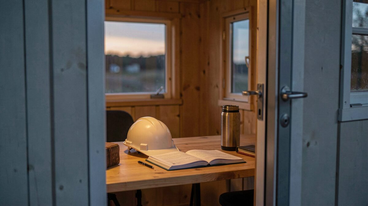 A Danish construction site office cabin at dusk, a hard hat and an open site diary on the desk beside a thermos, warm interior light, shot through the door frame.