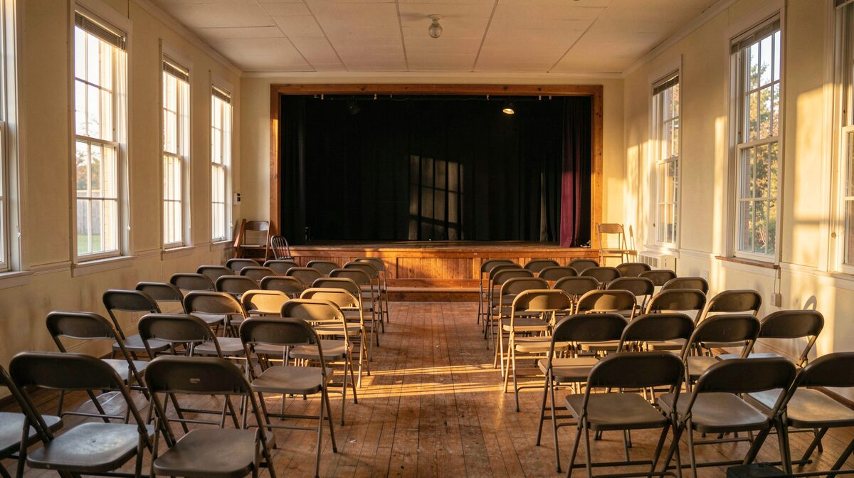 A small community theatre hall in rural Maryland in the late afternoon, empty stage with folding chairs in rows, warm side light through tall windows, wide shot from the back of the room