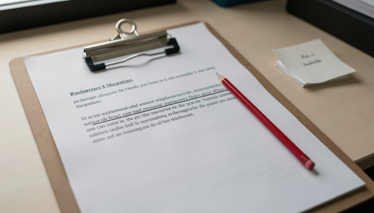 A printed research abstract on a clipboard with a red pencil lying across it, one line underlined