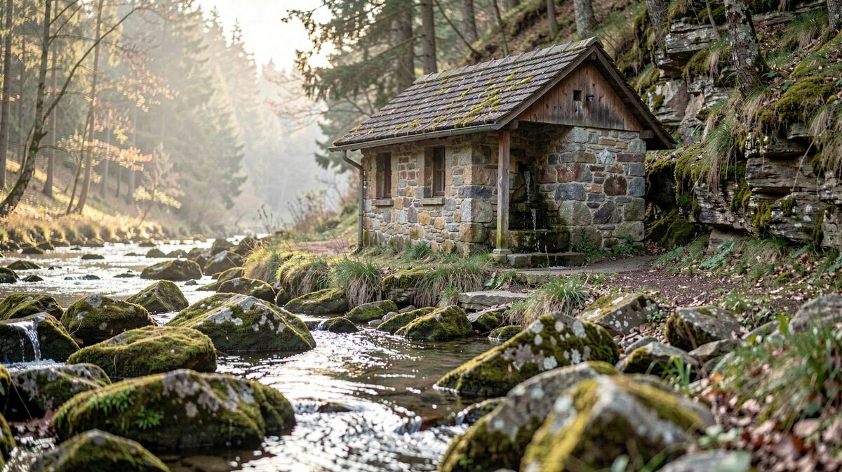 The stone Sauerbrunnen spring house beside the river Lieser in the Eifel, framed in soft morning light with mossy rocks and the shallow stream in the foreground.