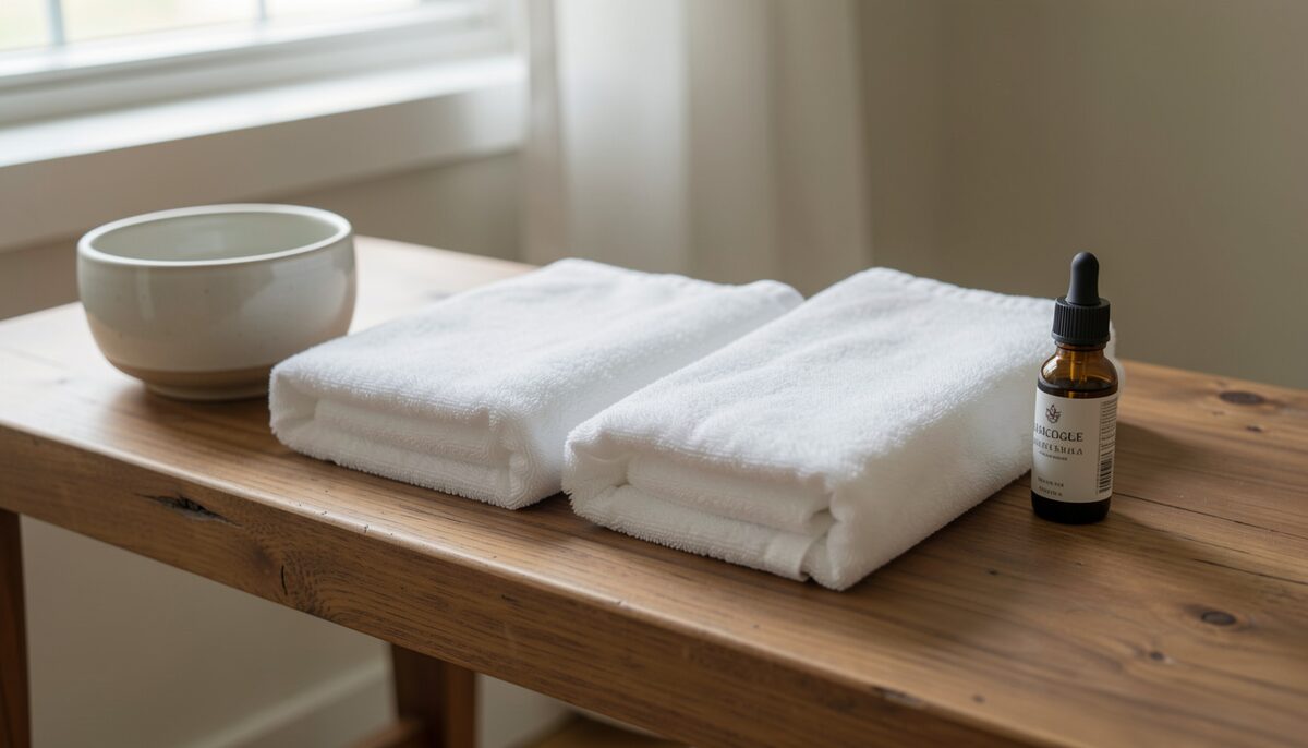 Two folded towels side by side on a wooden bench, one beside a bowl for feet, the other beside a small bottle of massage oil