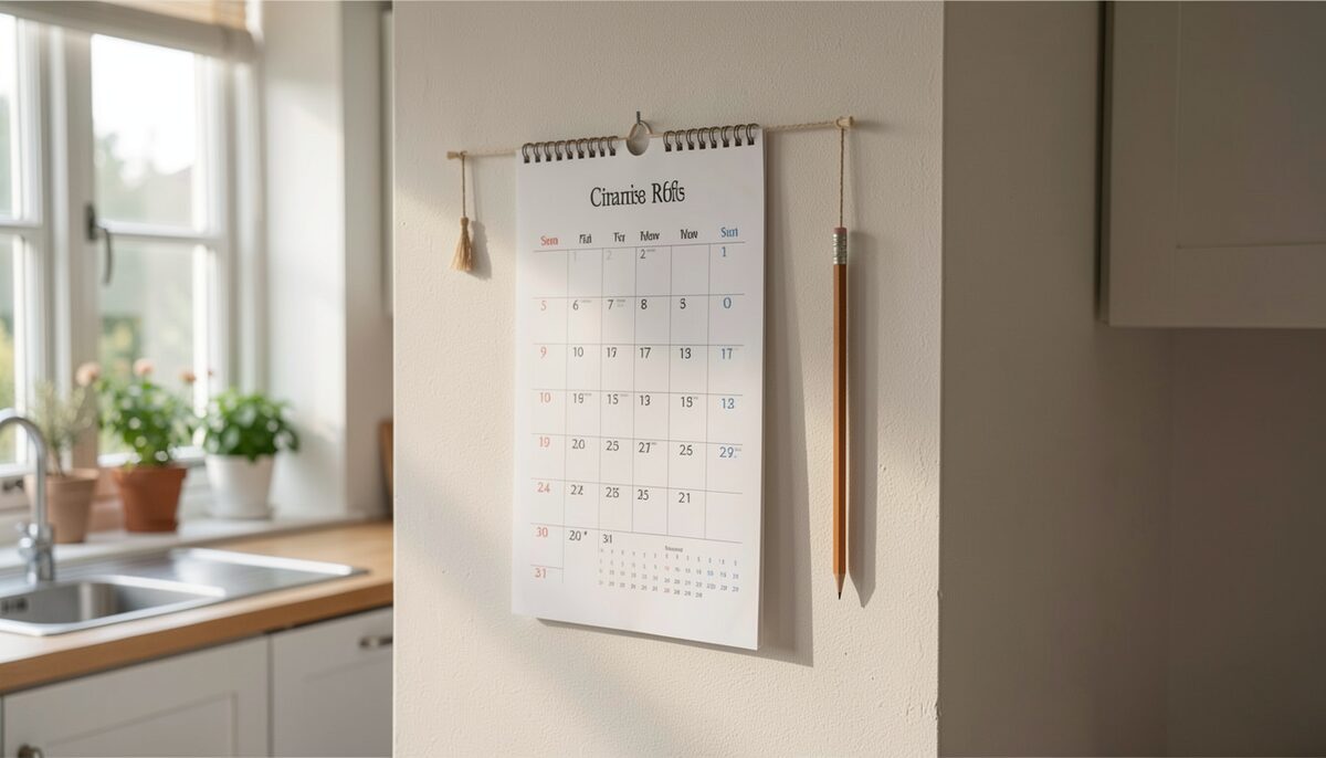 A wall calendar with the first weeks of a month softly out of focus, a pencil hanging from a string beside it