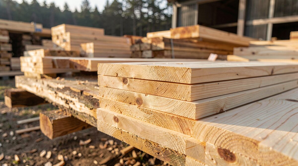 A stack of pale hinoki planks in a sawmill yard, morning light across the cut ends, shot level and close
