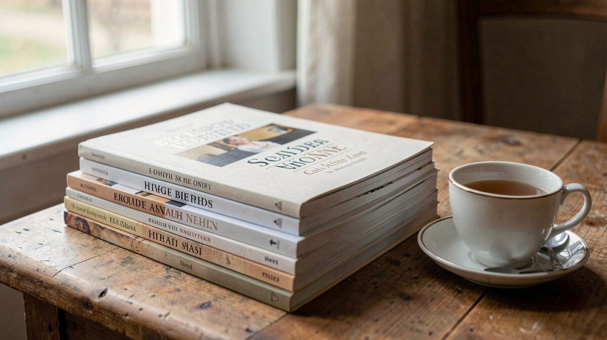 A stack of plain literary magazines on a wooden table beside a teacup, soft afternoon window light, close square framing.