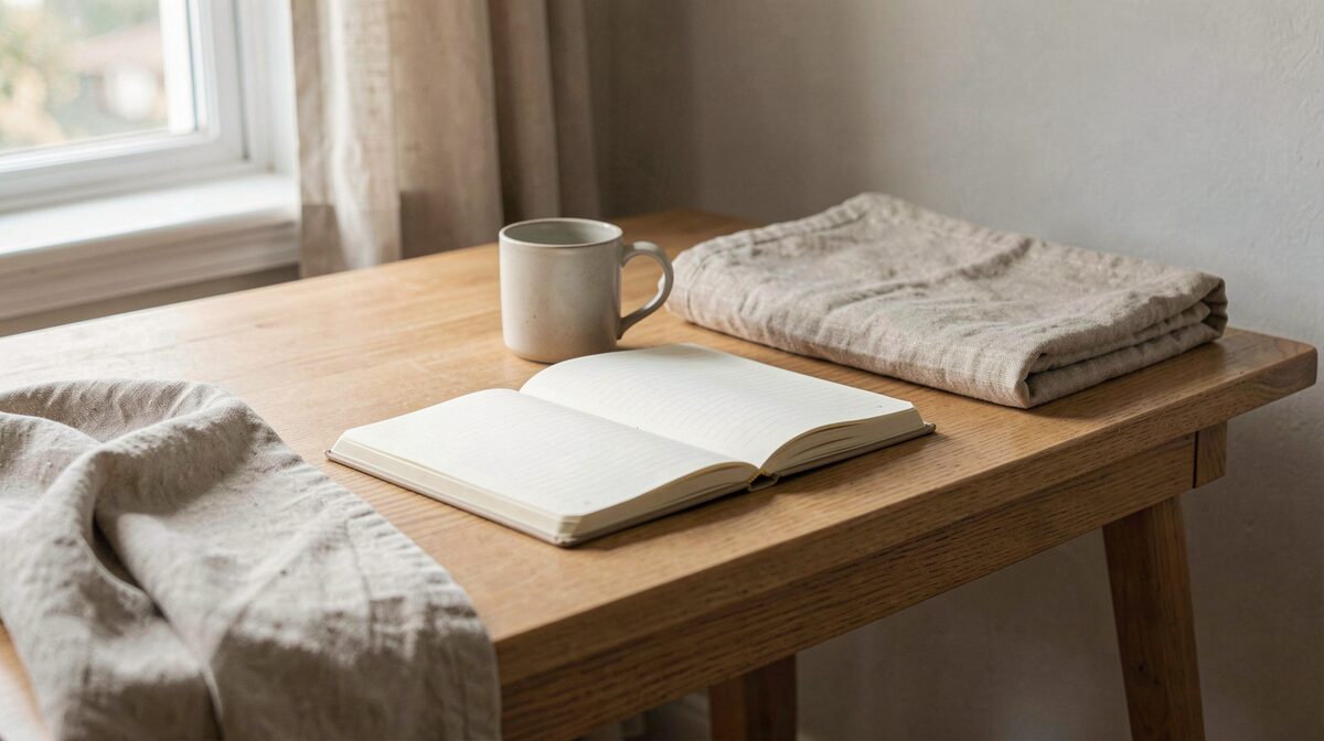 A tidy home desk in soft morning light, with an open notebook, a plain mug and a folded linen throw on a nearby chair, framed as a calm editorial still life.
