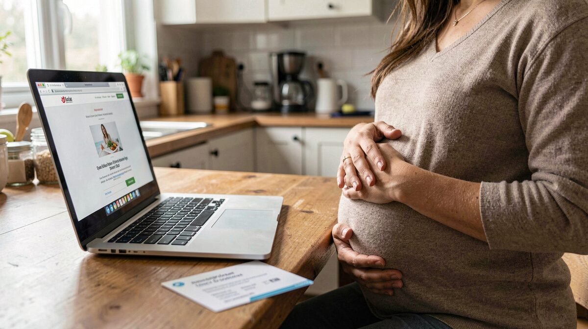 A woman at a kitchen table in morning light, laptop open to an unfamiliar website, one hand resting on her pregnant belly, a midwife's contact card beside the keyboard, shot in close natural side light.
