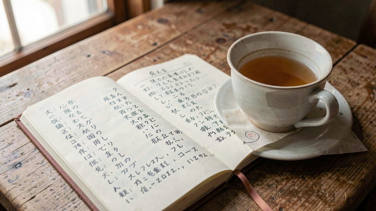 An open notebook of handwritten Japanese vocabulary notes beside a cup of tea on a wooden table, soft morning window light, close-up framing.