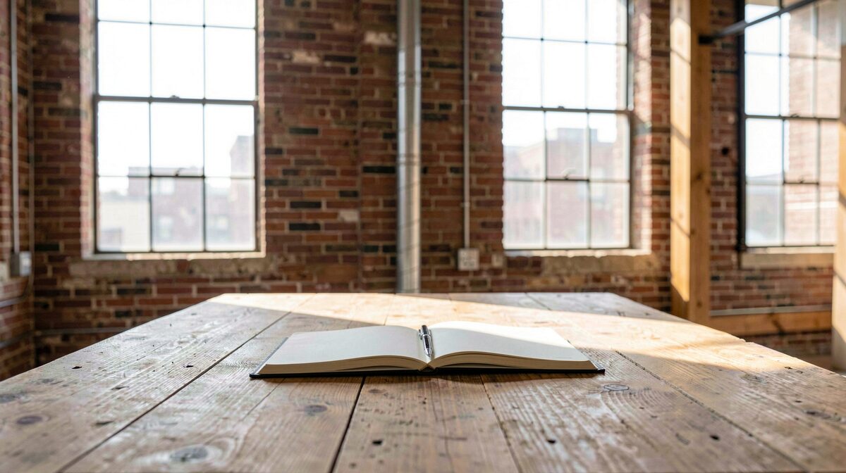 A bright converted warehouse loft interior in Denver with exposed brick and tall industrial windows, morning light falling across a wooden table with an open notebook, shot straight on at table height