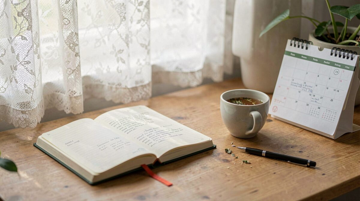 A quiet Dutch home office desk with a notebook, a cup of herbal tea and soft morning light through a lace curtain