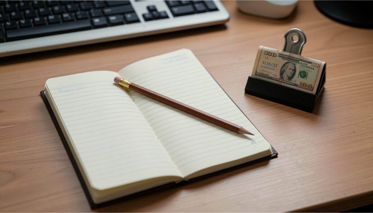 A small cash ledger open at a ruled page with a pencil resting across it, beside a receipt spike on a desk