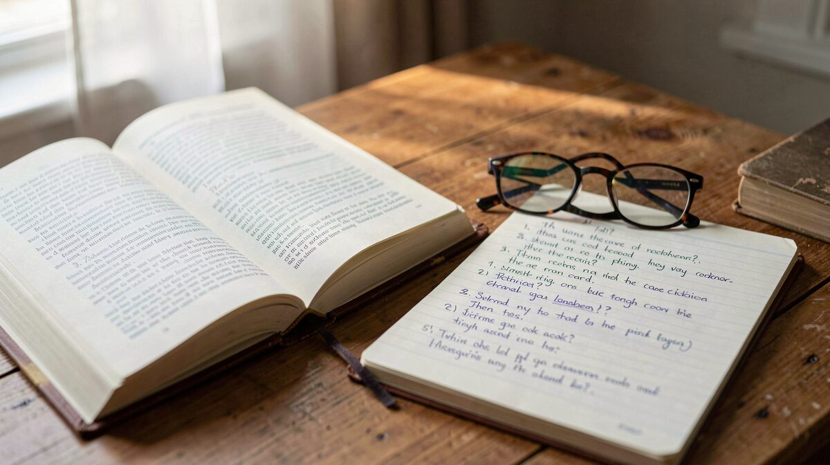 An open reference book and reading glasses on a wooden desk beside a notebook of handwritten questions, lit by soft morning window light, framed as a close still life.