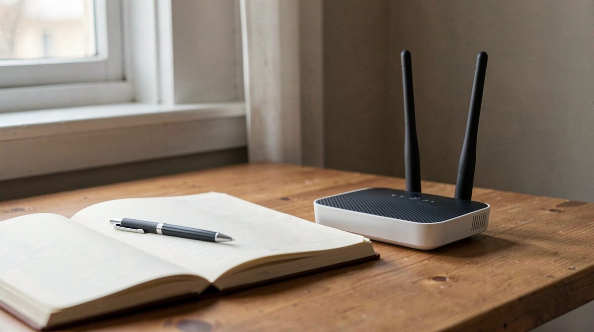 A wireless router on a wooden desk beside an open notebook and pen, lit by soft daylight from a side window, close framing.