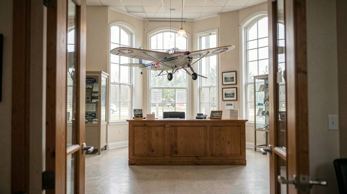 The entrance hall of a small air museum in Jamestown, with a model aircraft above the reception desk, morning light through tall windows, wide framing from the doorway.